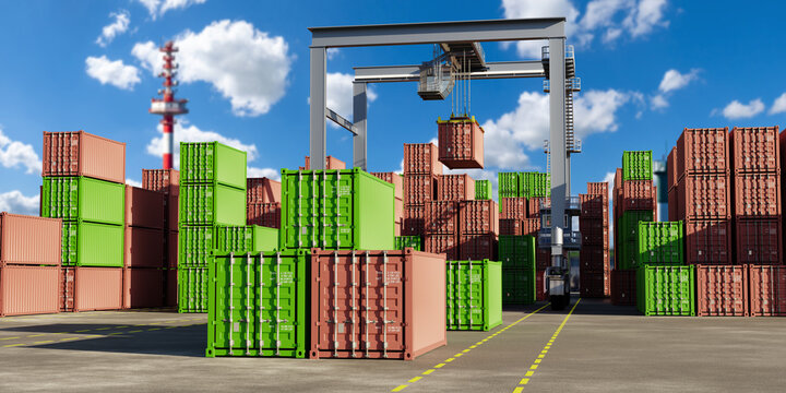 Container logistics. Gantry crane loads shipping containers in a busy cargo terminal, supporting global freight transportation, port operations and international trade. 3D image