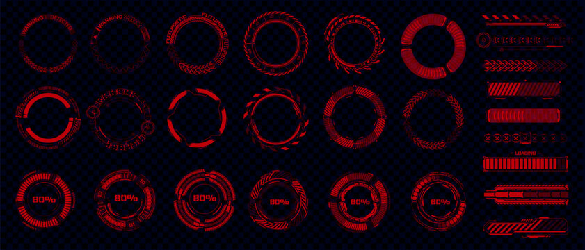 Set of red futuristic HUD interface graphics with circular warning frames, progress indicators, loading bars, arrows and digital technology panels on a dark checkered background