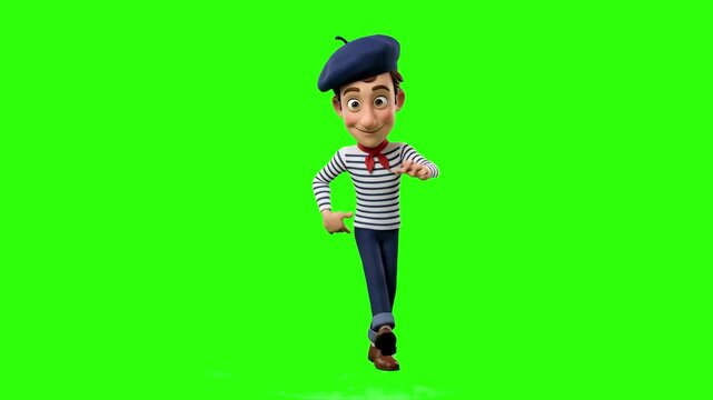 A happy 3D cartoon French boy dressed in a classic striped shirt and beret, dancing on a bright chroma key green screen background. Great for French culture videos, travel promos, language learning so