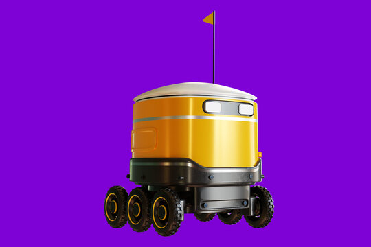 Warehouse automation. Autonomous mobile delivery robot isolated on purple background for smart logistics, material handling, inventory transport and industrial automation. 3D image