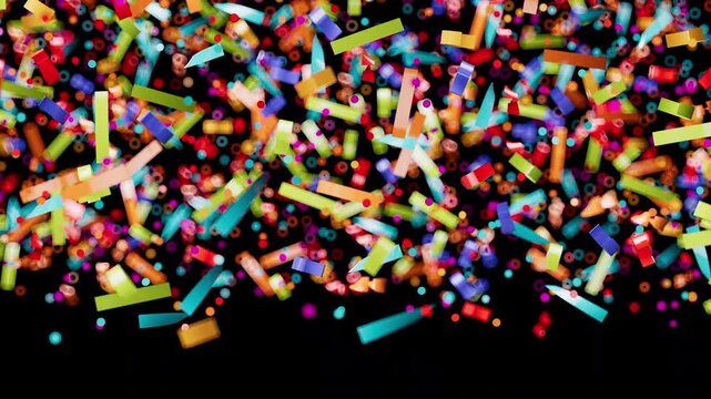 Vibrant geometric particles create a dynamic festive atmosphere on screen