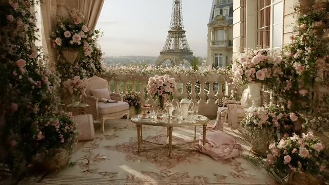 Paris, France, Europe. A detailed, romantic balcony overlooking the Eiffel Tower in Paris, France. The balcony is adorned with lush pink and white flowers, creating a dreamy and romantic atmosphere.