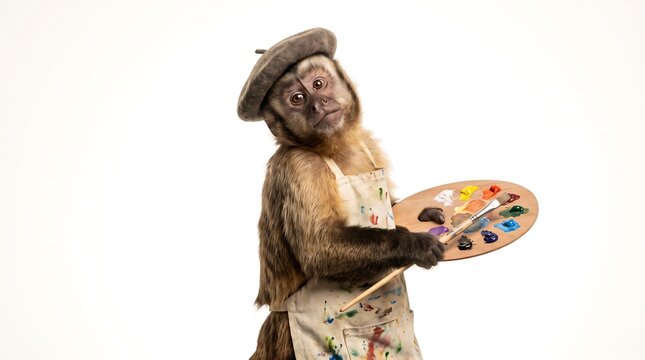 Capuchin monkey dressed as an artist. Cute animal painter holding a palette and brush.