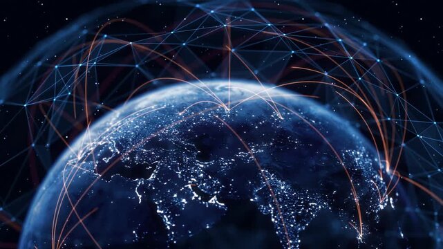 Global Connection Lines. Earth Network Data Transfer. Futuristic AI Technology, 5G, Globe Satellite Communication, Internet Connectivity, Big Data, Digital World Background Animation. Crypto Exchange