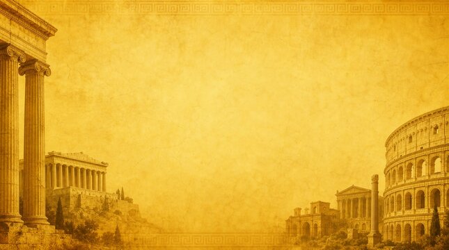 a golden yellow ancient greece and roman empire texture wallpaper background with a lot of empty blank copyspace. pillars and old buildings.

