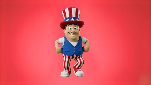 A happy 3D Uncle Sam mascot performing a dynamic dance step against a vibrant red studio backdrop. Perfect for Patriotic holiday promos, American sale advertisements, Independence Day video intros, an