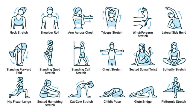 Fitness Stretching Poses and Exercises Icons Set. Healthy Lifestyle.