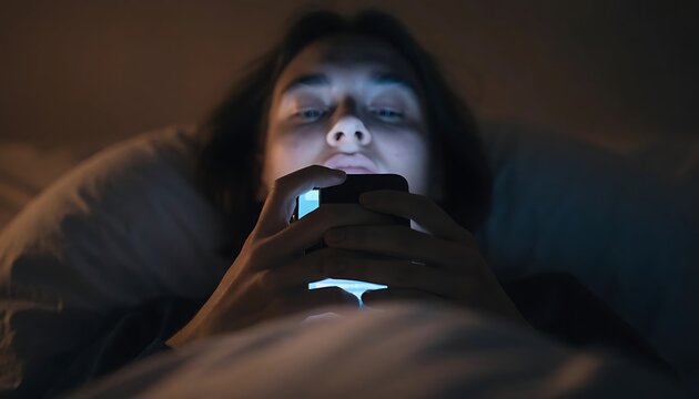 Young man using smartphone in bed at night. Person scrolling mobile phone in dark room.