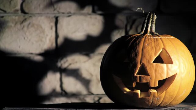 Halloween Jack-o'-lantern carved pumpkin with dramatic lighting casting a large layered bat-shaped shadow on a rustic stone wall background in a dark room.