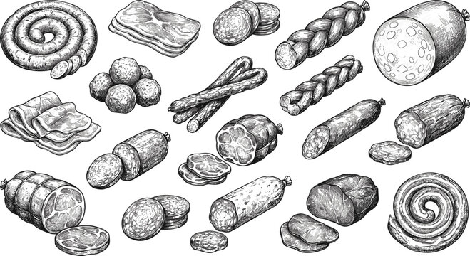 Butcher shop meat products set featuring hand drawn sketch style sausages salami bacon ham pepperoni and bratwurst