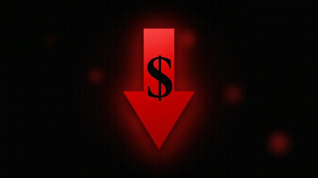 Glowing red downward arrow with dollar symbol representing economic loss