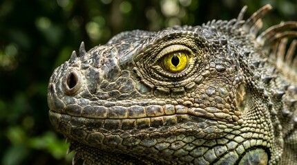 Fototapeta premium Close-up macro portrait of a green iguana's reptilian eye and textured scales.