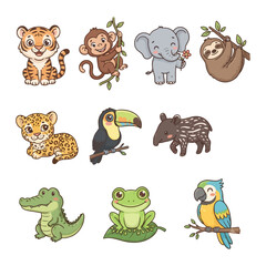 Fototapeta premium Cute cartoon animals in jungle setting: tiger, monkey, elephant, sloth, and more.