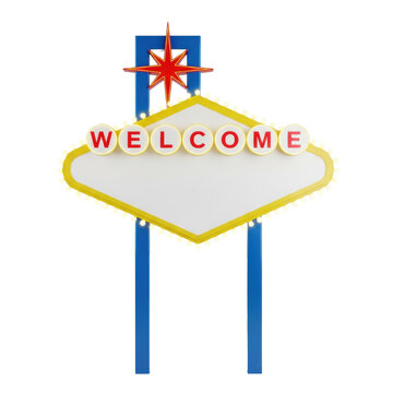 isolated ultra-realistic 3d render of a mid-century las vegas welcome sign featuring glowing yellow border, blue supports, red starburst, and white copy space diamond panel. Product photography