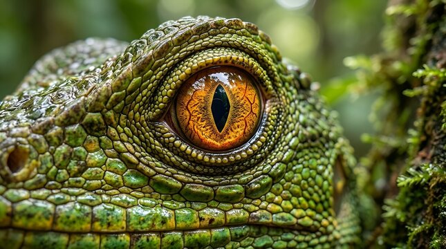 Close up macro of a green lizard's vibrant orange eye in a lush forest.