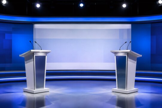 Empty tv studio debating podiums ready for broadcast