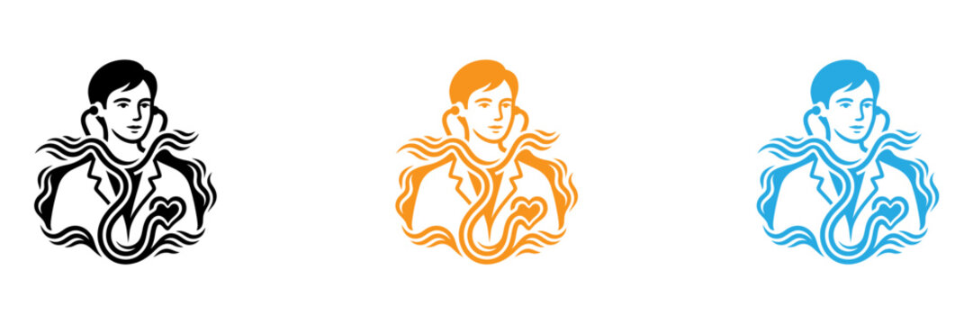 Three stylized human figures in different colors doing yoga poses
