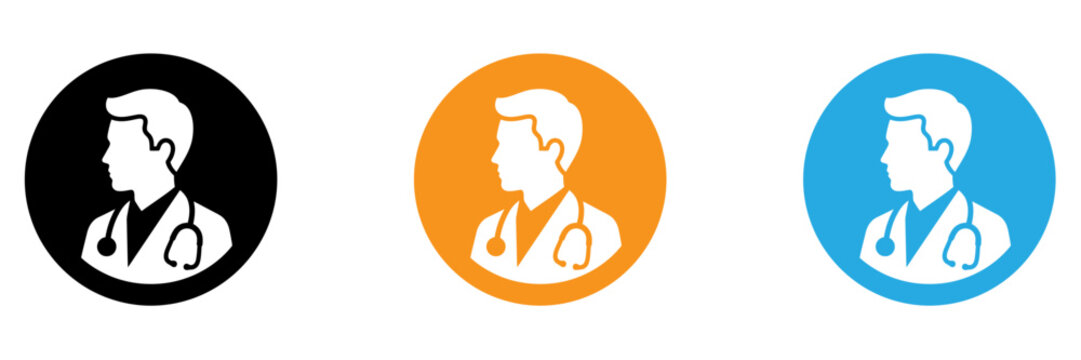 Three cheerful doctor icons with different background colors