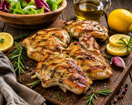 Grilled chicken breast fillets with rosemary and lemon