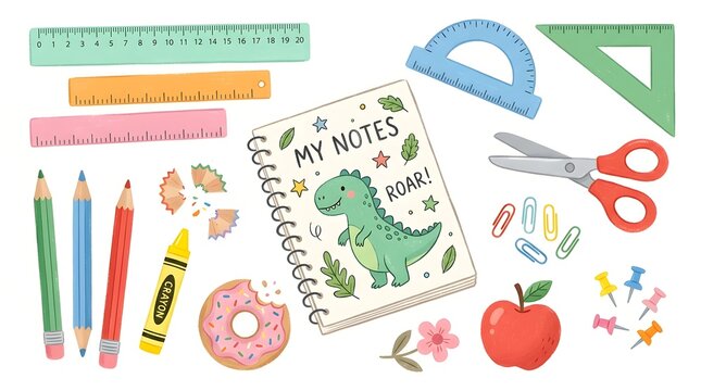 Flat lay composition of colorful school supplies and a dinosaur drawing for a fun back to school educational background design concept
