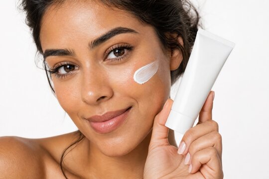 Linda mulher brasileira com pele vi&ccedil;osa e creme no rosto segurando uma bisnaga em branco. Mockup de embalagem de cosm&eacute;tico para skincare.