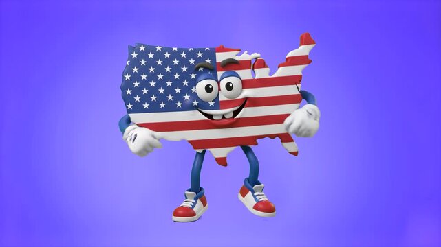 A happy 3D cartoon USA map mascot textured with the American flag, jumping in place on a vibrant purple studio background. Great for patriotic promos, 4th of July media, international events, and crea