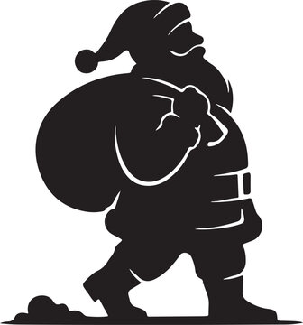 Black silhouette of santa claus walking and carrying a large sack of gifts over his shoulder, isolated on a white background, christmas