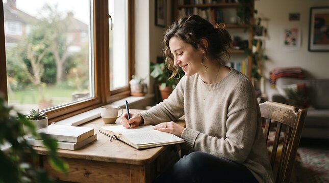 Young woman writing in her personal journal while sitting at a rustic wooden desk by a large window with soft natural light, creating a cozy and productive home office atmosphere.