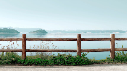 Obraz premium Rustic Wooden Fence Overlooking a Tranquil Blue Lake