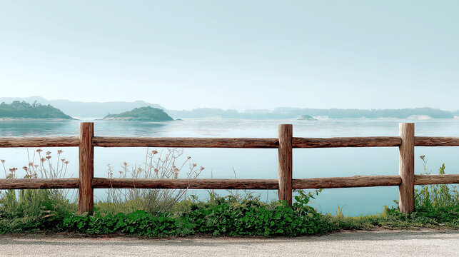 Rustic Wooden Fence Overlooking a Tranquil Blue Lake