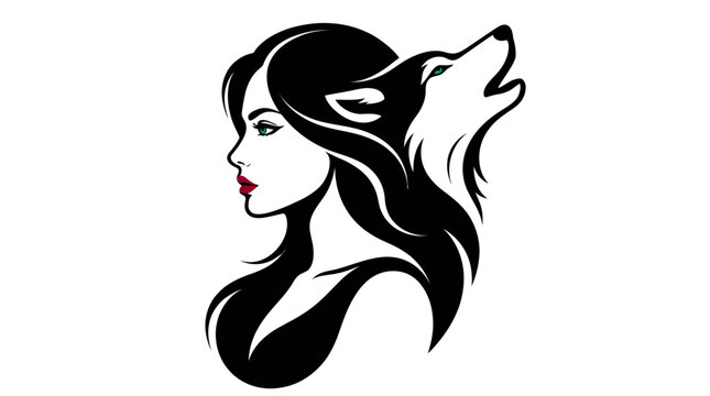 Woman and Wolf Shared Silhouette Vector &ndash; Abstract Female Profile with Howling Wolf Hair Concept Illustration