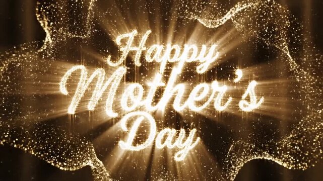 Elegant Happy Mother's Day greeting card with glowing gold particles and light rays.