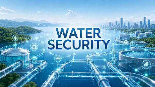 Futuristic water treatment infrastructure with connected pipelines, reservoirs, sustainability icons, and a modern city skyline.