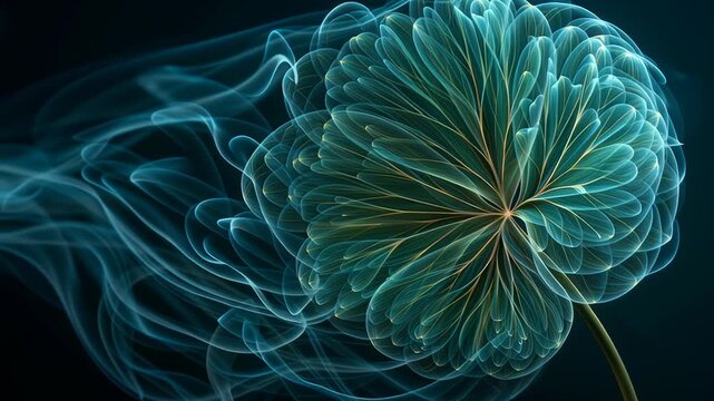 A static shot of a glowing, ethereal four-leaf clover with swirling teal and blue smoke emanating from its leaves against a dark background.