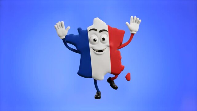 A cheerful 3D animated character shaped like the map of France, textured with the blue, white, and red French flag, dancing joyfully on a solid blue chroma key background. Ideal for keyable video over