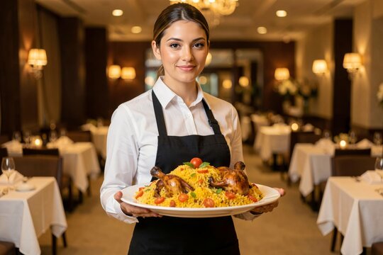 Young woman with fair skin, dark hair, holding plate of kabsa with fragrant rice, chicken, tomato, spices in luxurious restaurant. Concept of inviting atmosphere, fine dining experience.