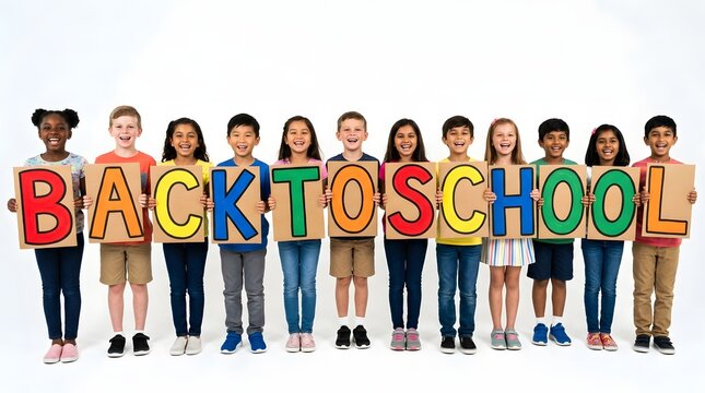 A diverse group of happy children standing in a row holding colorful letters that spell out the phrase back to school