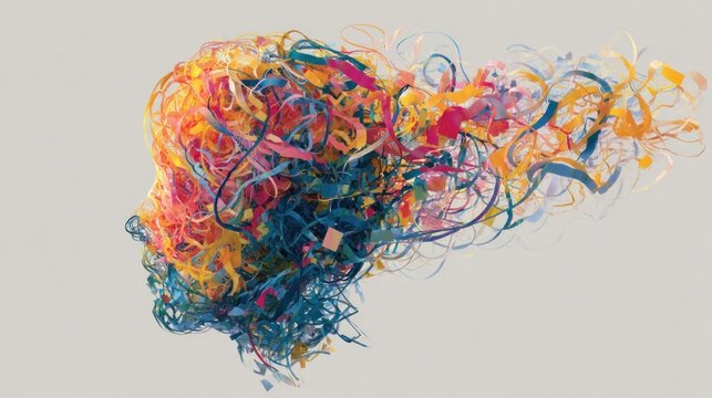 A profile silhouette formed of multi-colored, twisting strands, suggesting a mind or thought process. The image has a clean, neutral background