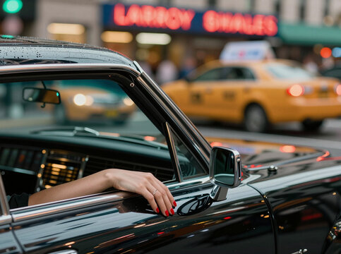 Woman's hand on a classic car in a city street.