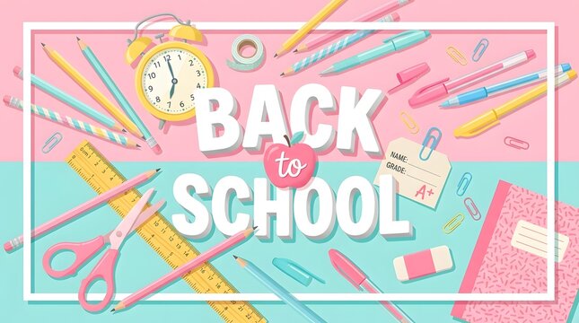 Colorful back to school background featuring various stationery supplies like pencils rulers and alarm clocks on a soft pastel pink backdrop