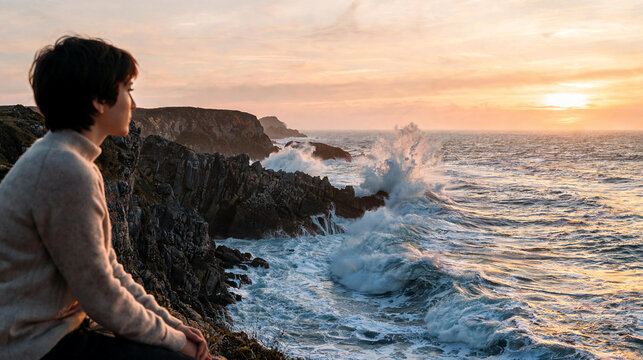 woman sitting on coastal cliff looking at crashing ocean waves at sunset, ocean waves, cliff view, sunset coast, sea breeze