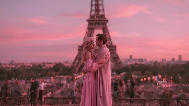 Paris, France, Europe. A romantic scene set against the Eiffel Tower in Paris, France. The sky is painted in soft pink and purple hues, indicating either dawn or dusk. A couple.