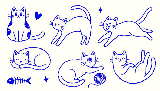 Simple line drawing cartoon animals on white background illustration
