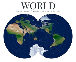 World Map. Eisenlohr conformal projection. Physical topographic earth map centered on the Pacific Ocean. Latitude 0 and longitude 160 view. © Eugene Ga