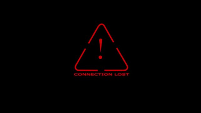 Large red outlined warning triangle with exclamation mark and "CONNECTION LOST" text on a black background, creating a digital network error alert animation.
