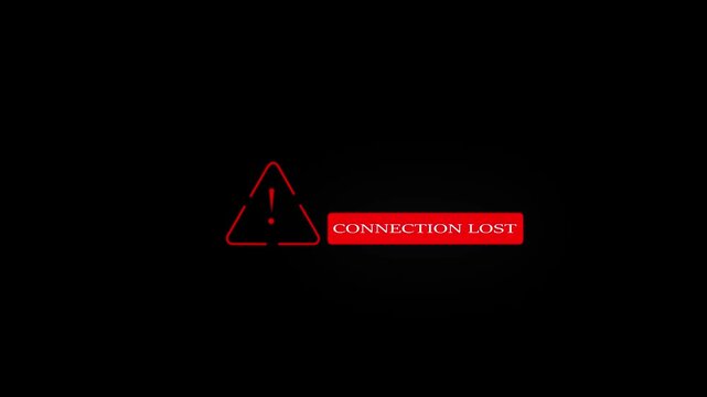 Red warning triangle icon with "CONNECTION LOST" notification bar animation on a black background, representing network disconnection and digital error alert.