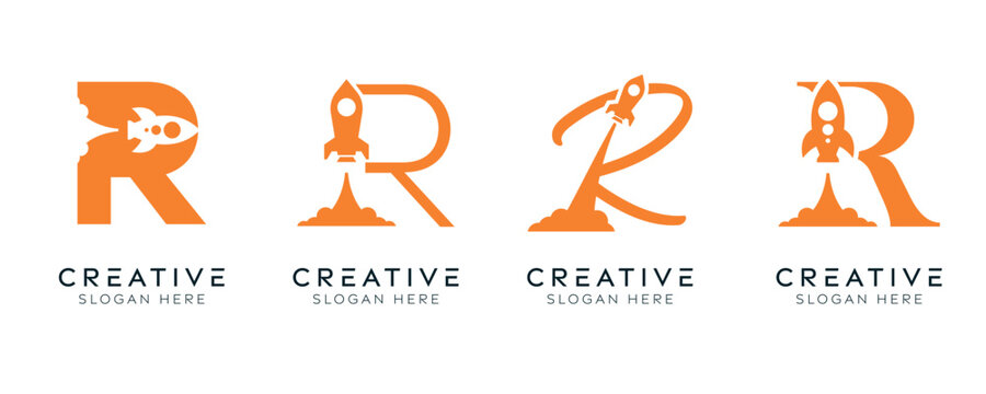Set of initial letter R rocket logo design templates. Modern isolated letter R with rocket launching elements designs.