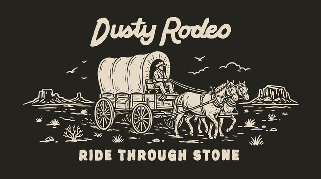 Vintage western illustration of a cowboy driving a horse-drawn covered wagon in a desert landscape with mesas and birds
