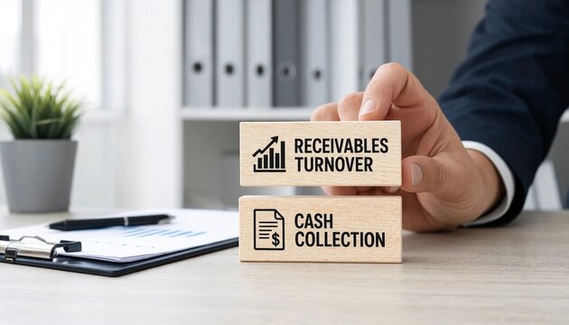 Professional holding wooden blocks illustrating receivables turnover and cash collection concepts on office desk