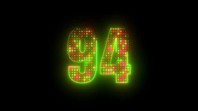 Stylized neon figure 94 with vibrant dot arrangement on dark background